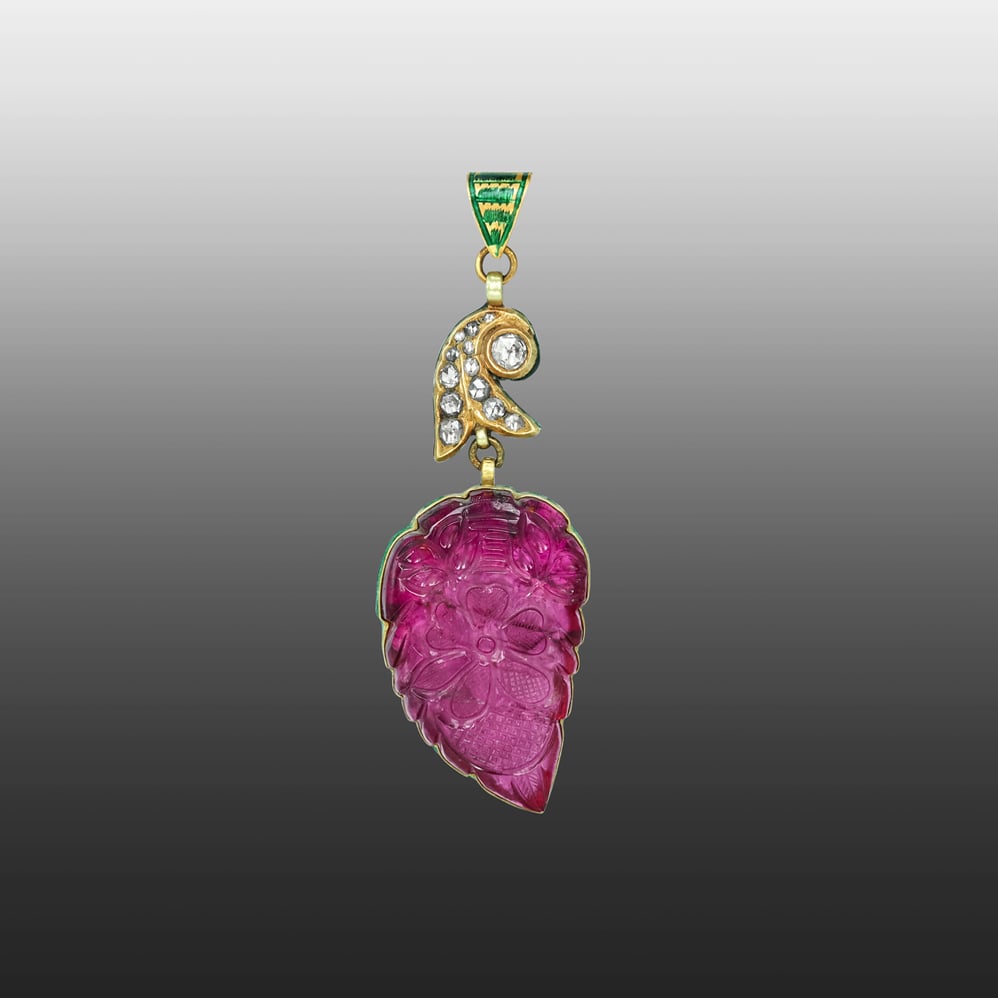 Carved Pink Tourmaline Pendant with Polki and Enamel